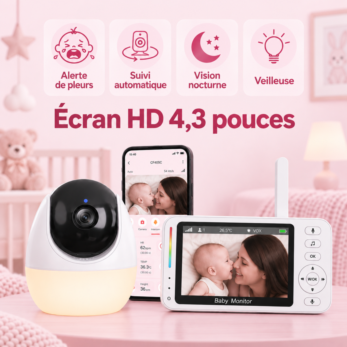 Babyphone vidéo connecté 4,3 pouces