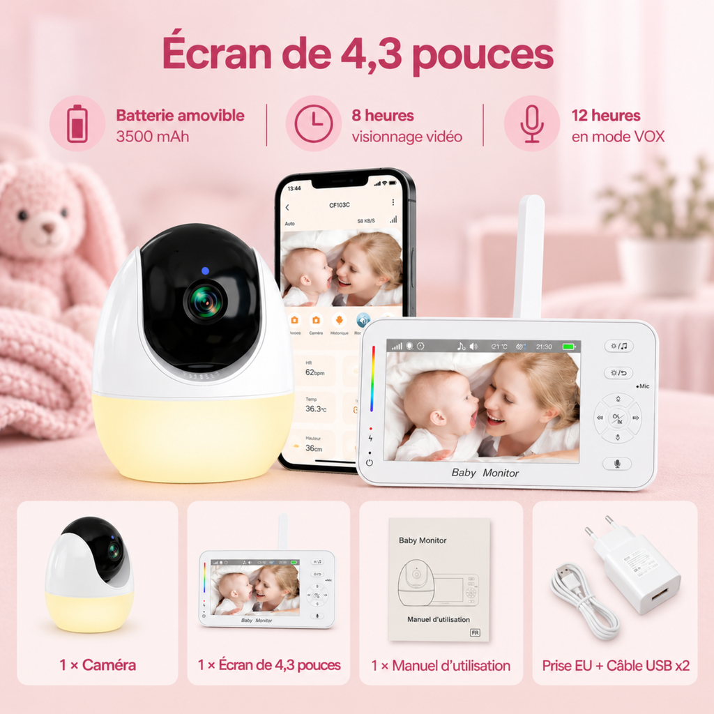 Babyphone vidéo connecté 4,3 pouces