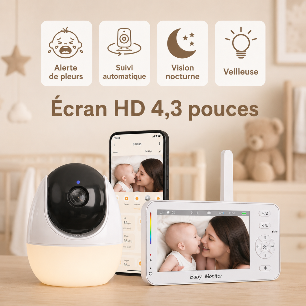 Babyphone vidéo connecté 4,3 pouces