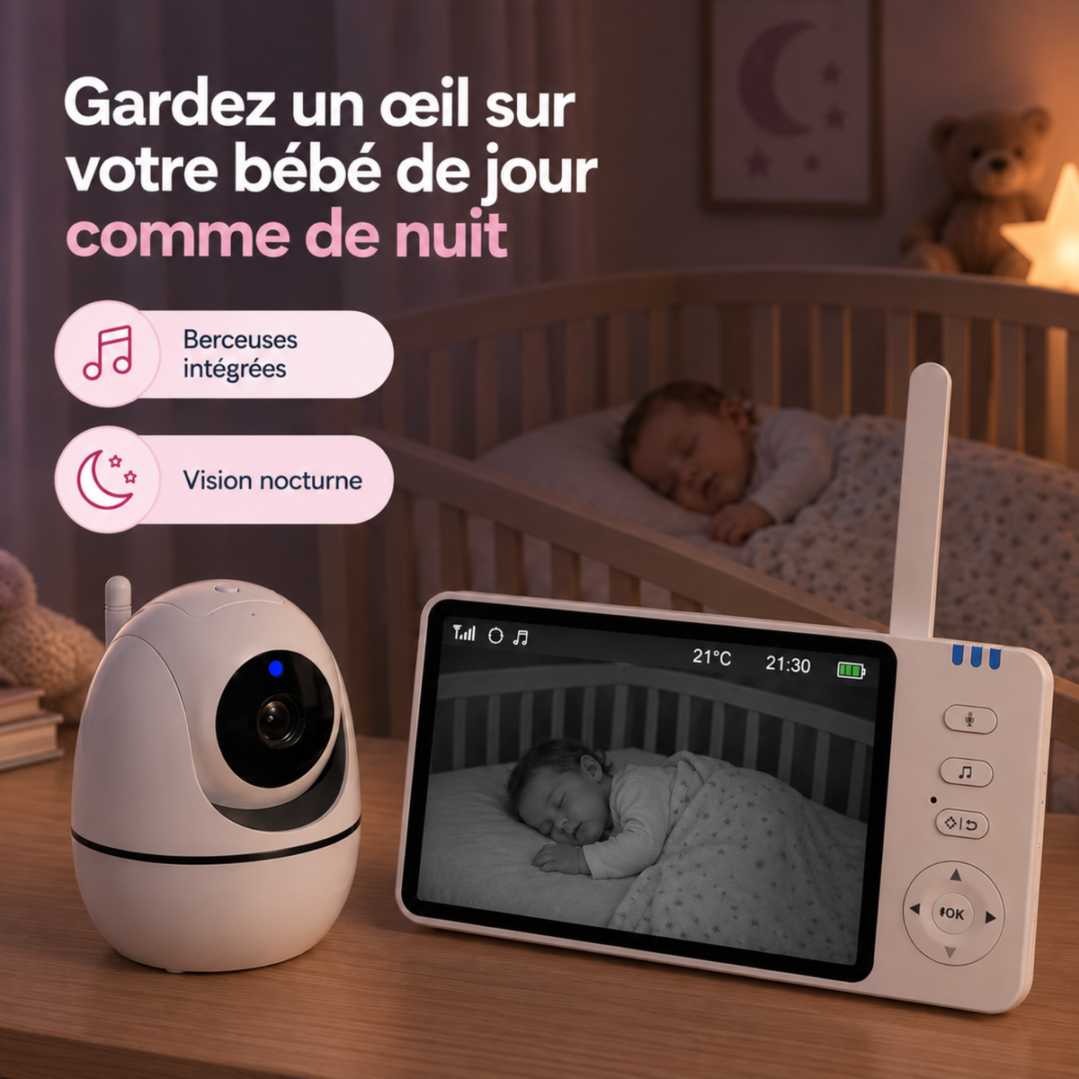 Babyphone vidéo grand écran 5 pouces
