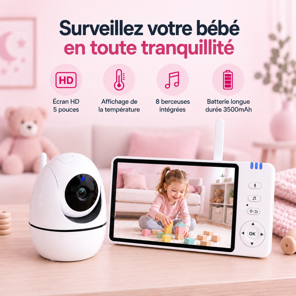 Babyphone vidéo grand écran 5 pouces