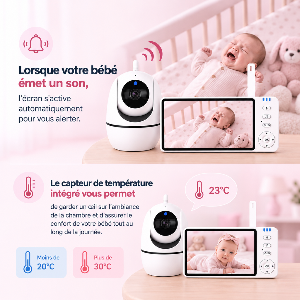 Babyphone vidéo grand écran 5 pouces