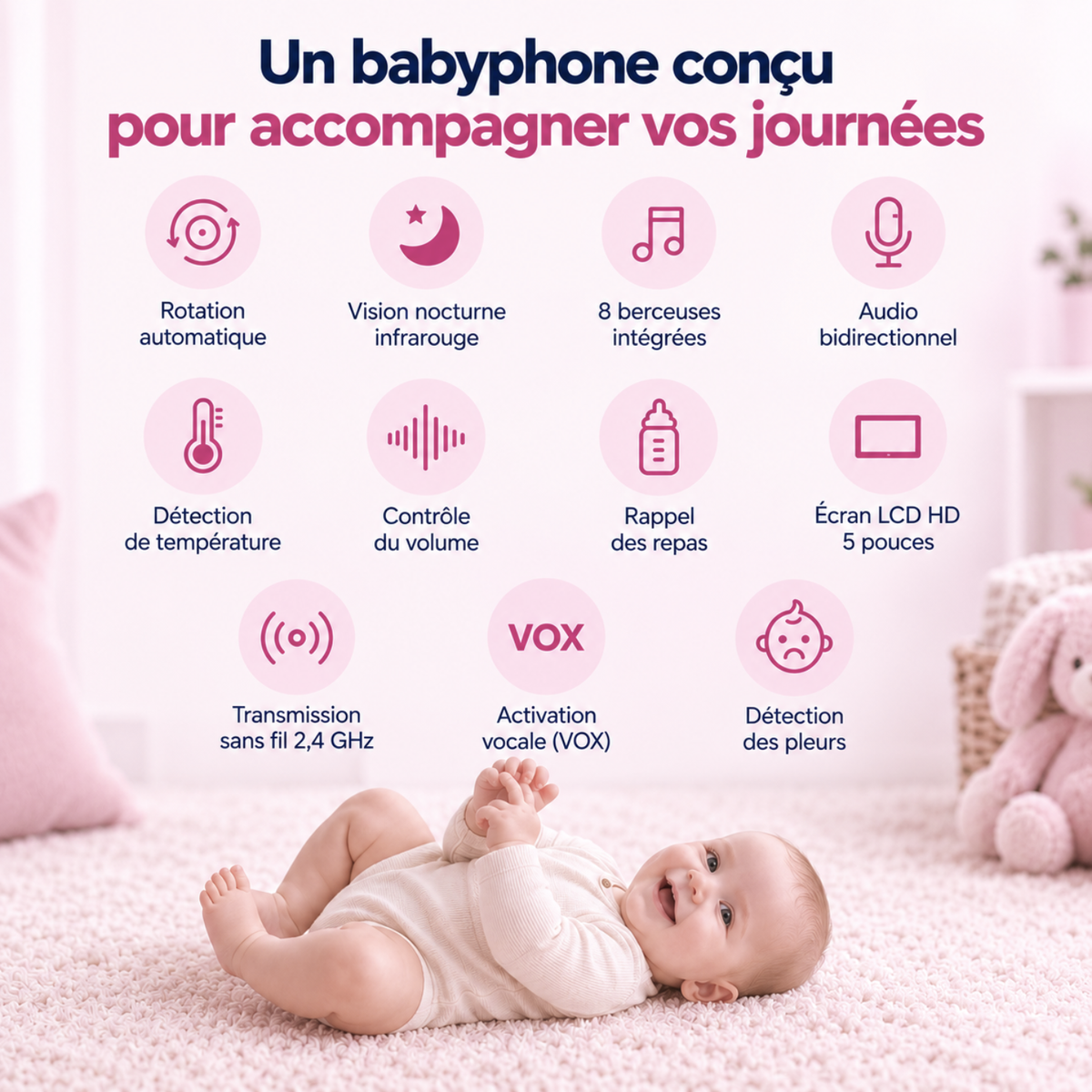 Babyphone vidéo grand écran 5 pouces