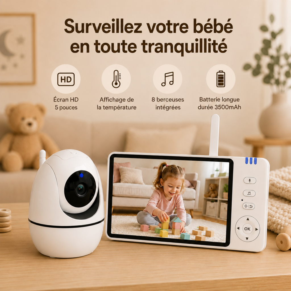 Babyphone vidéo grand écran 5 pouces