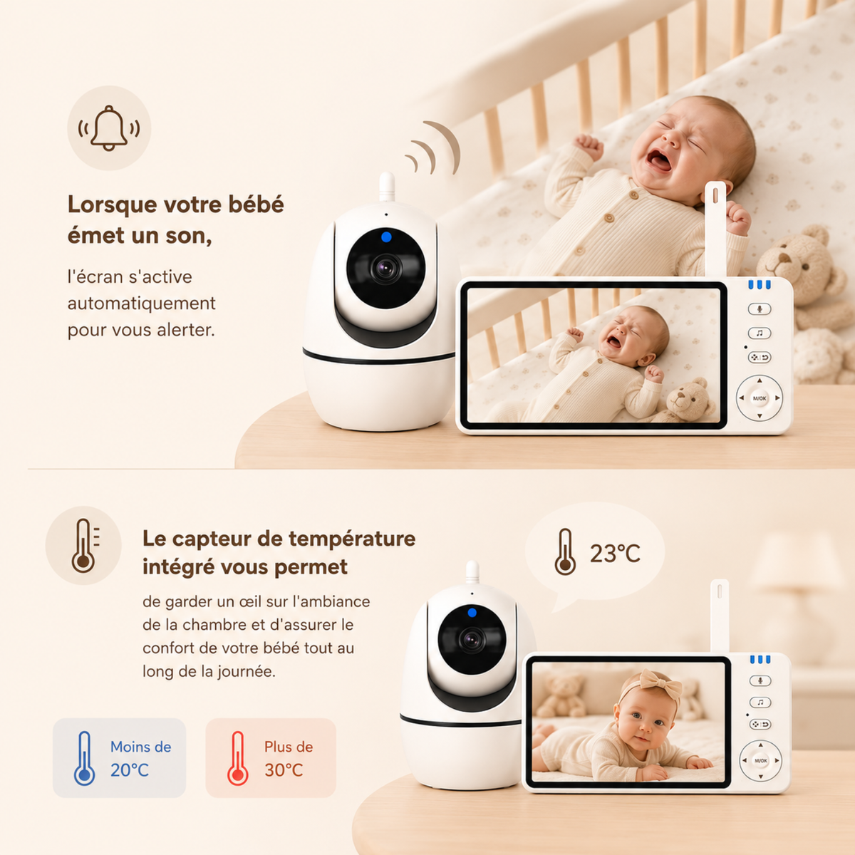 Babyphone vidéo grand écran 5 pouces