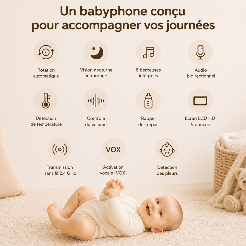 Babyphone vidéo grand écran 5 pouces